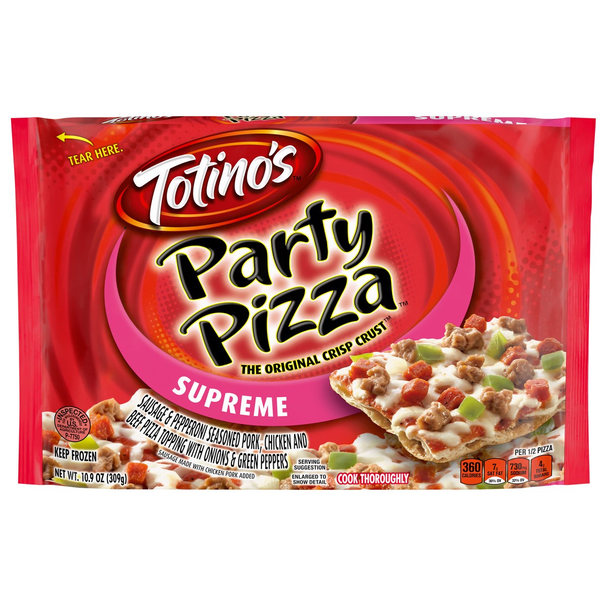 slide 1 of 9, Totino's Party Pizza, Supreme, Frozen Snacks, 1 Ct, 10.9 oz, 10.9 oz