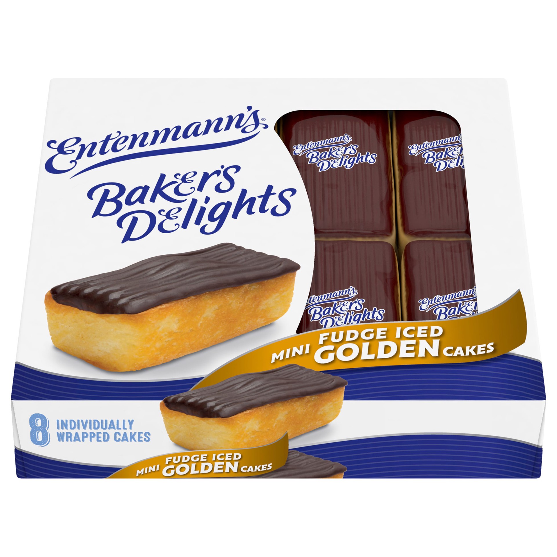 slide 1 of 9, Entenmann's Baker's Delights Fudge Iced Golden Cakes, 8 packs, Chocolate Mini Snack Cakes, 13.2 oz Box, 8 ct