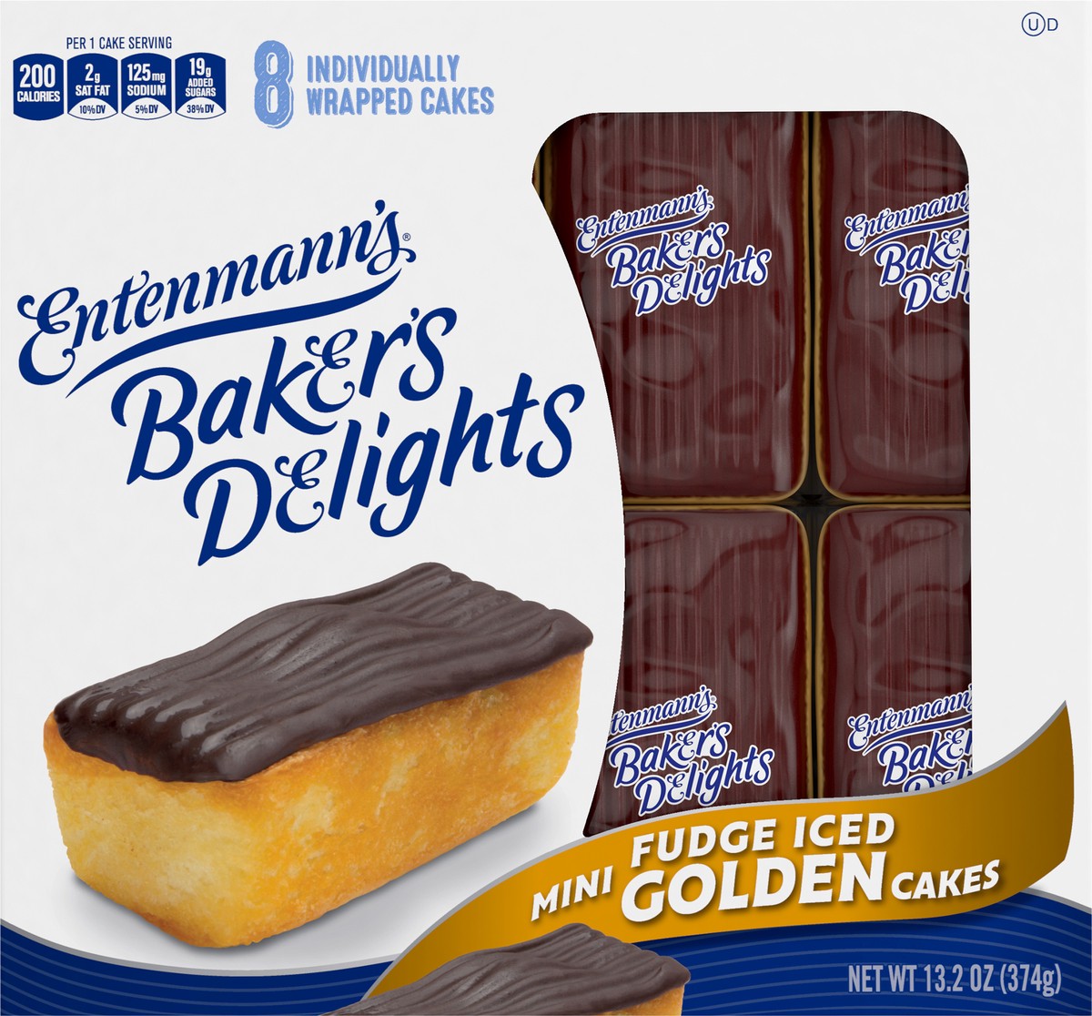 slide 5 of 9, Entenmann's Baker's Delights Fudge Iced Golden Cakes, 8 packs, Chocolate Mini Snack Cakes, 13.2 oz Box, 8 ct