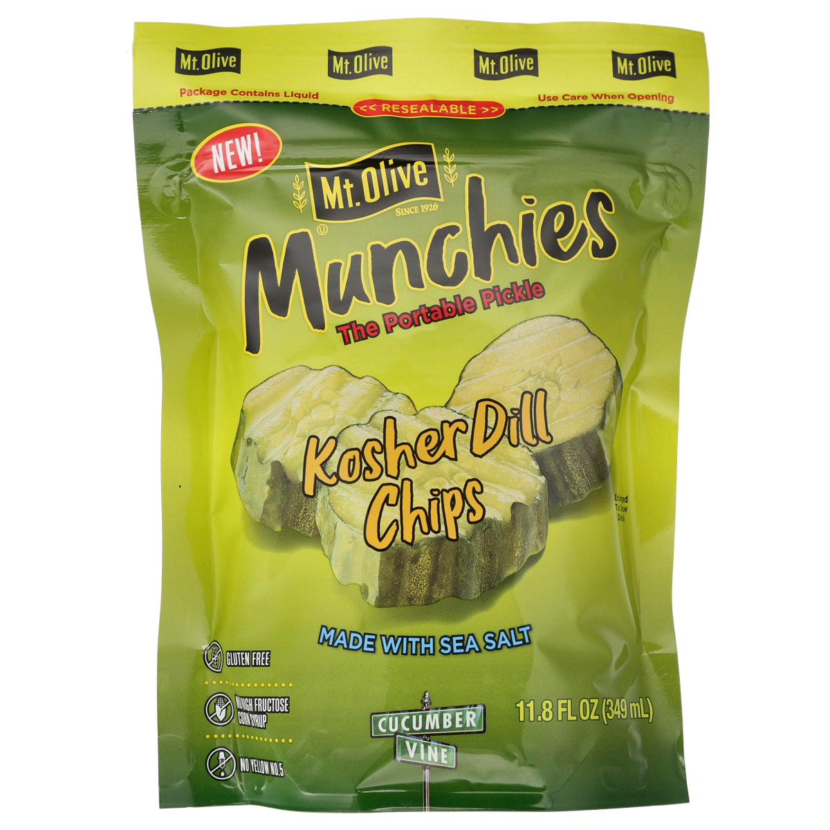 slide 1 of 7, Mt. Olive Munchies Kosher Dill Pickle Chips 11.8 fl oz Pouch, 11.8 fl oz