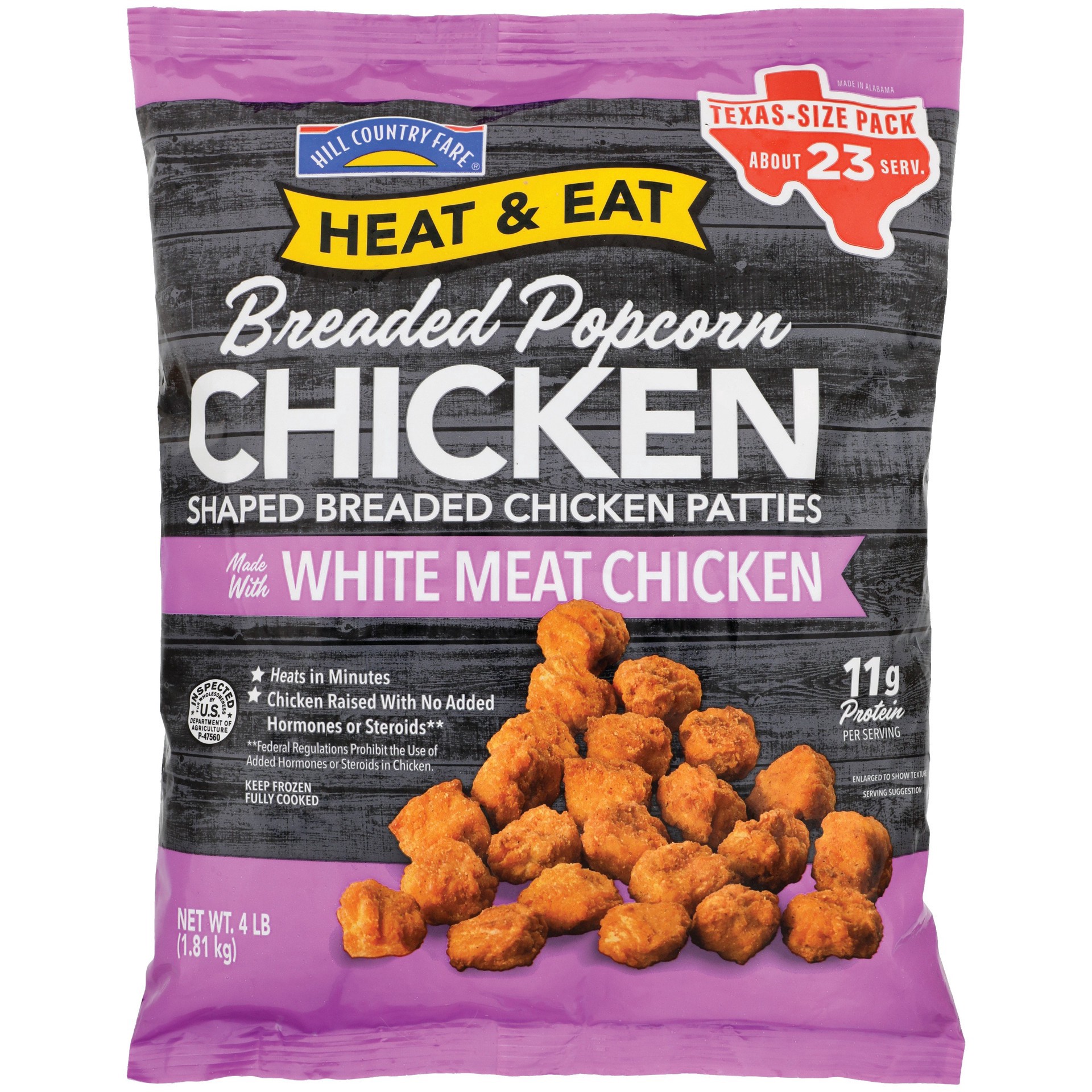 slide 1 of 1, Hill Country Fare Heat & Eat Frozen Breaded Popcorn Chicken - Texas-Size Pack, 64 oz