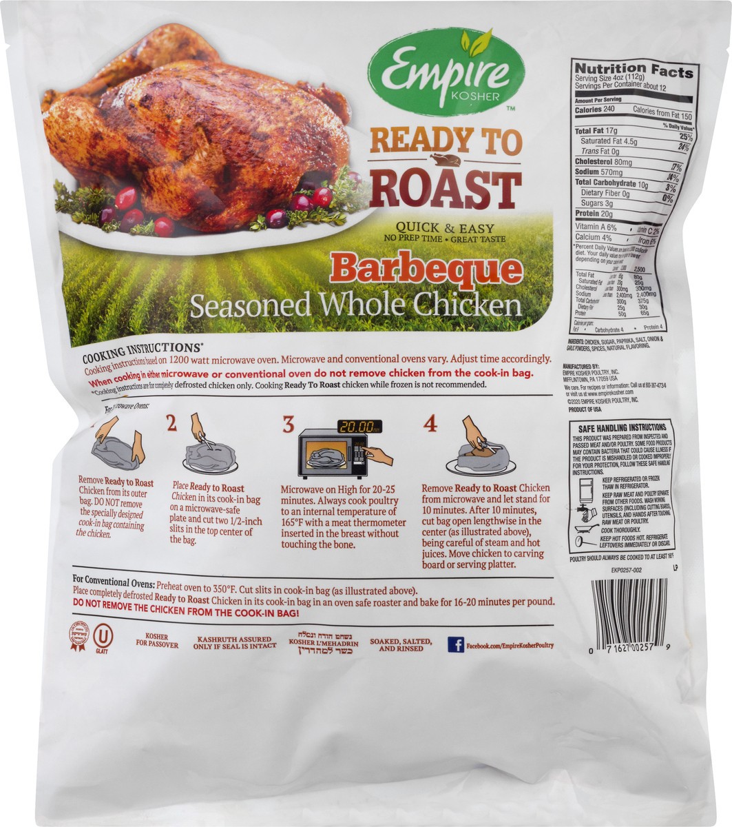 slide 10 of 10, Empire Kosher Ready to Roast Barbeque Seasoned Whole Chicken, 48 oz