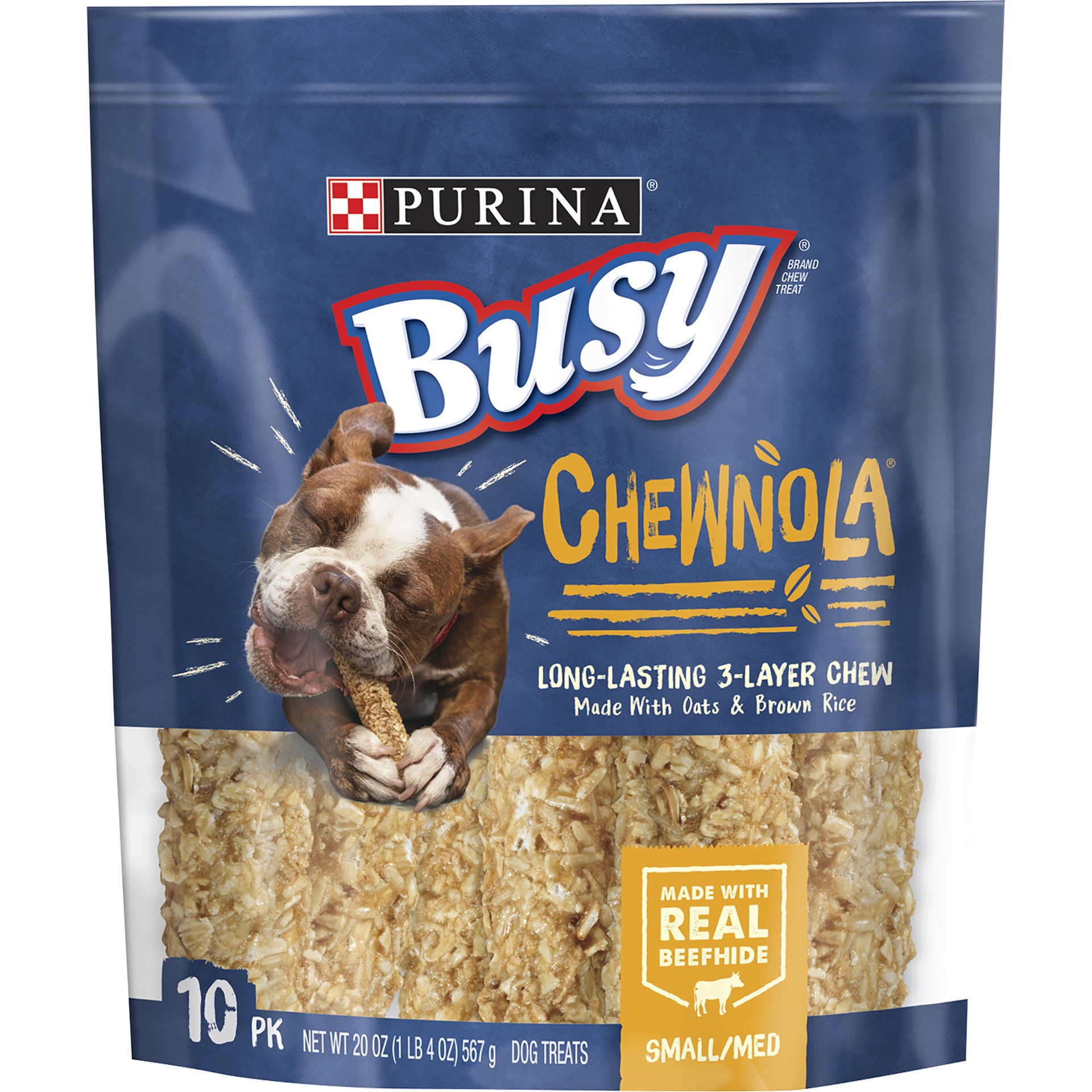 slide 1 of 9, Busy Purina Busy Rawhide Small/Medium Breed Dog Bones, Chewnola With Oats & Brown Rice, 20 oz