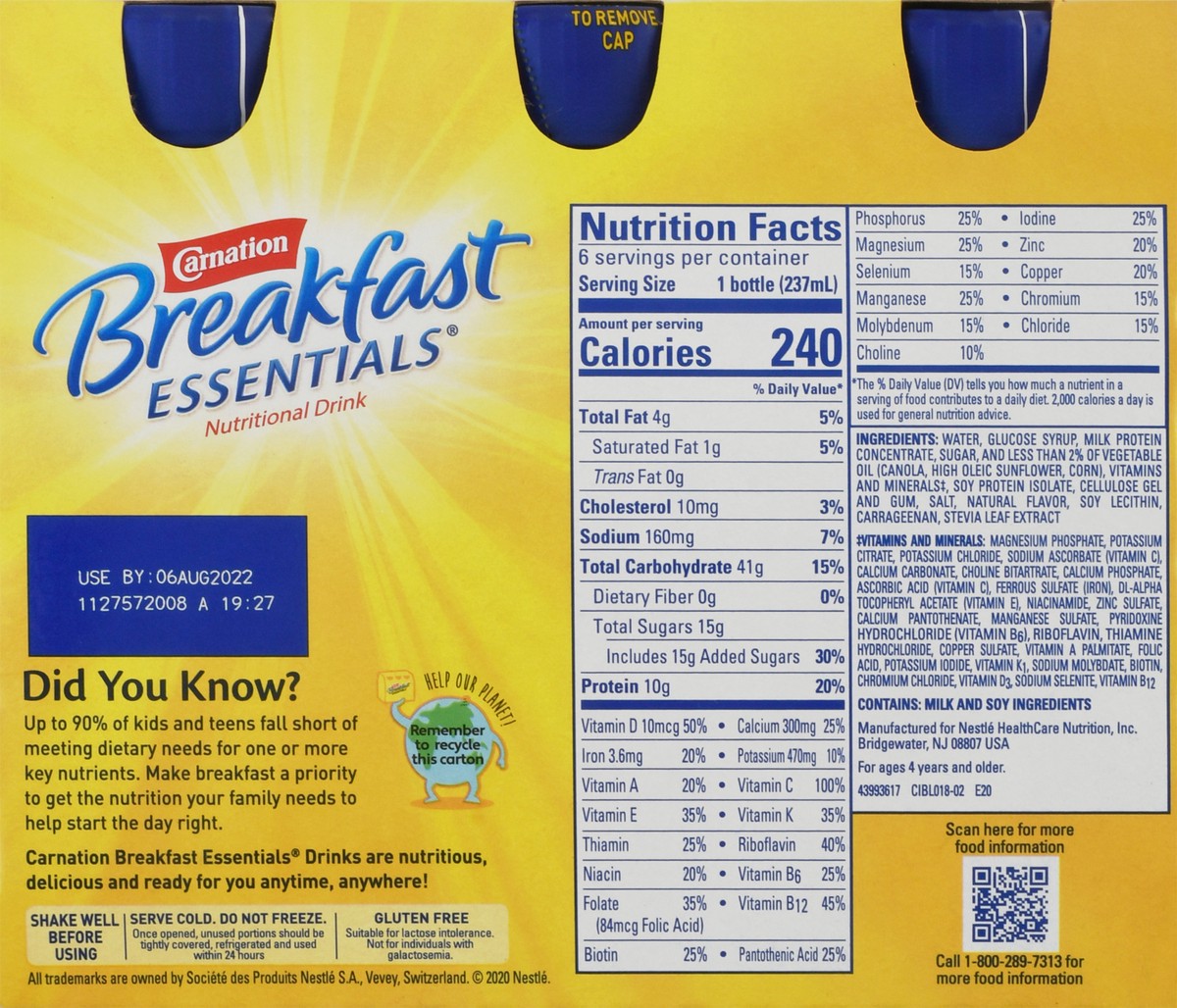 slide 5 of 9, Carnation Breakfast Essentials Nutritional Drink, Classic French Vanilla, 10 g Protein, 6 - 8 fl oz Cartons, 48 fl oz