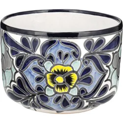 Blue Orange Pottery Elite Floral Low Cylinder Talavera Planter - Blue