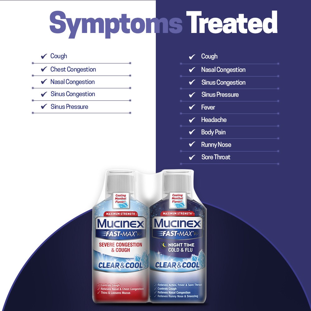 slide 2 of 5, Mucinex Fast-Max Severe Congestion & Cough Clear & Cool Liquid and Mucinex Fast Max Night Time Cold & Flu Liquid, Maximum Strength Combo Pack 12 fl. oz. (2x6 fl. oz.) Cooling Menthol Flavor, 2 ct