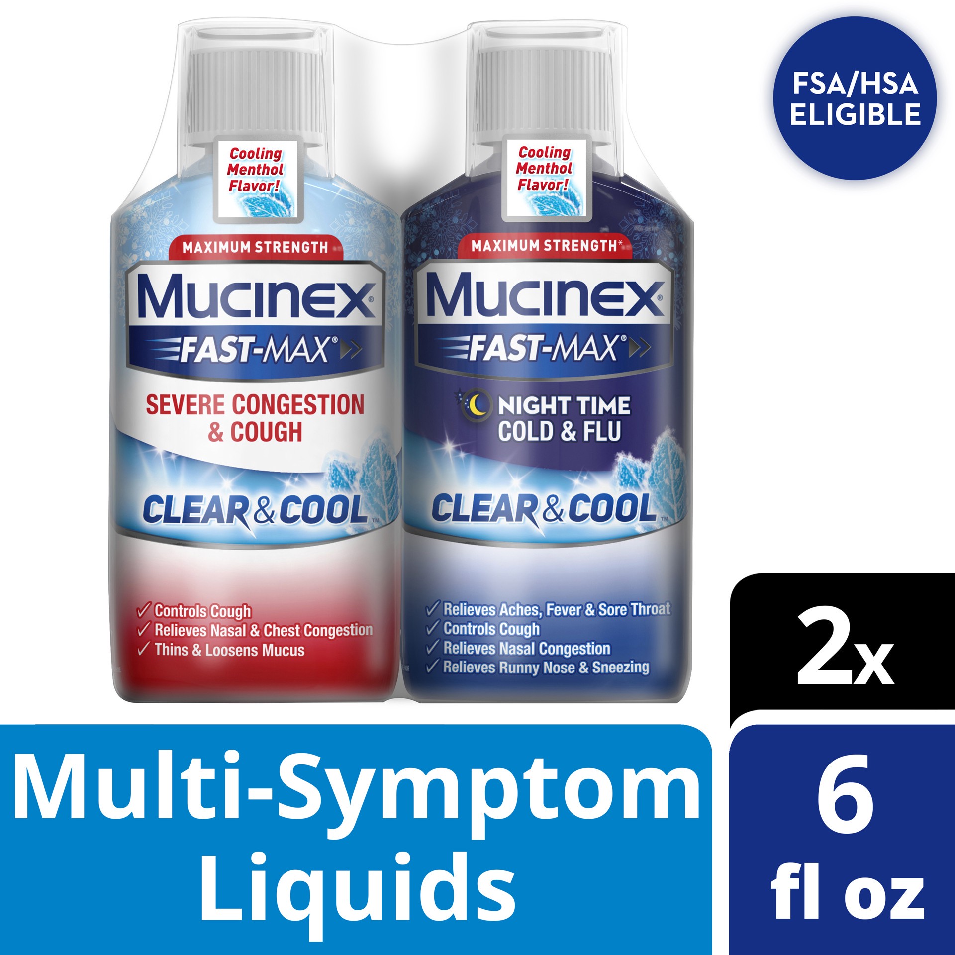 slide 1 of 5, Mucinex Fast-Max Severe Congestion & Cough Clear & Cool Liquid and Mucinex Fast Max Night Time Cold & Flu Liquid, Maximum Strength Combo Pack 12 fl. oz. (2x6 fl. oz.) Cooling Menthol Flavor, 2 ct