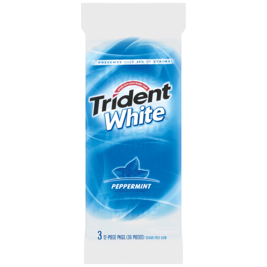 slide 1 of 1, Trident White Gum, Sugar Free, Peppermint, 3 pk; 12 ct