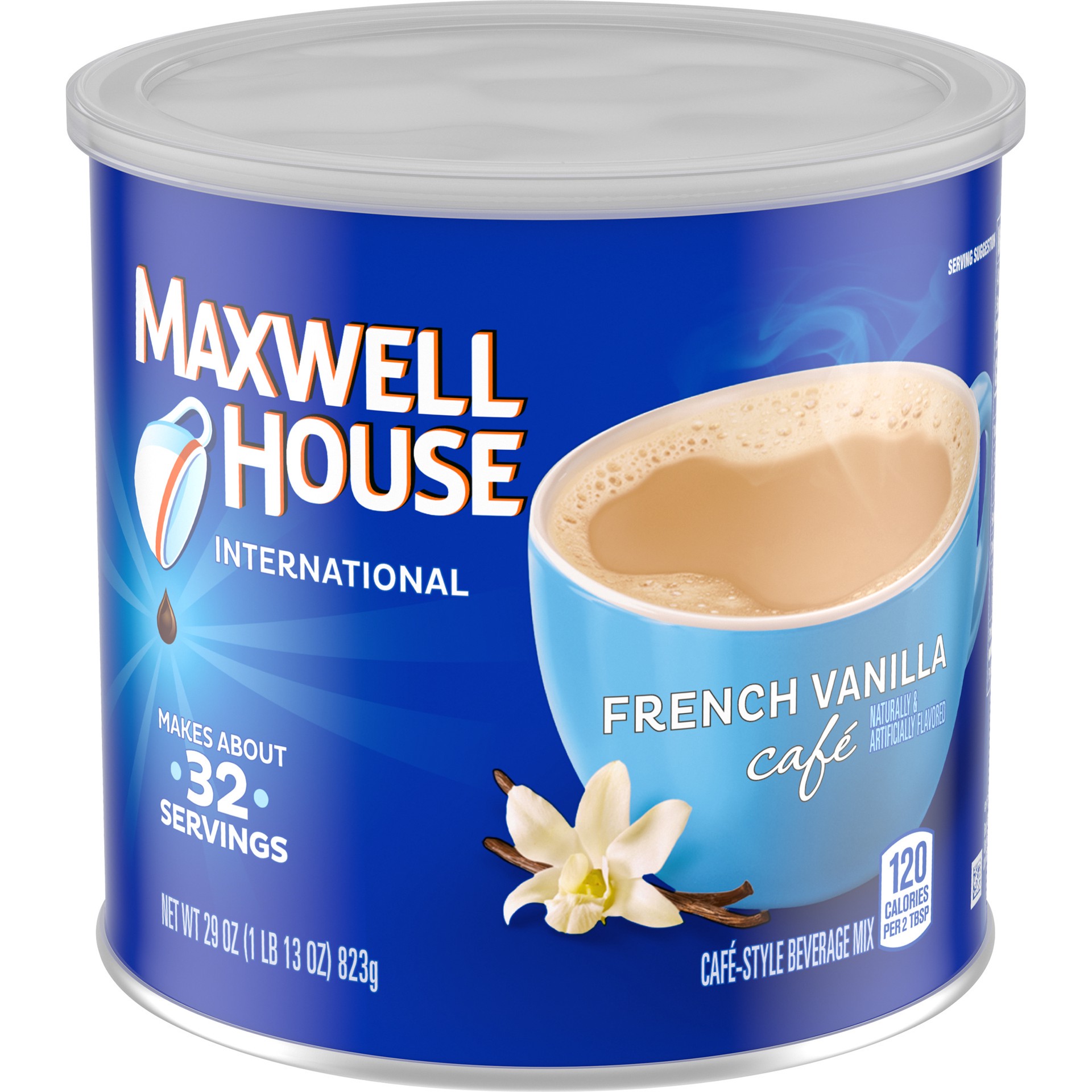 slide 8 of 10, Maxwell House International French Vanilla Cafe-Style Instant Coffee Beverage Mix, 29 oz Canister, 29 oz