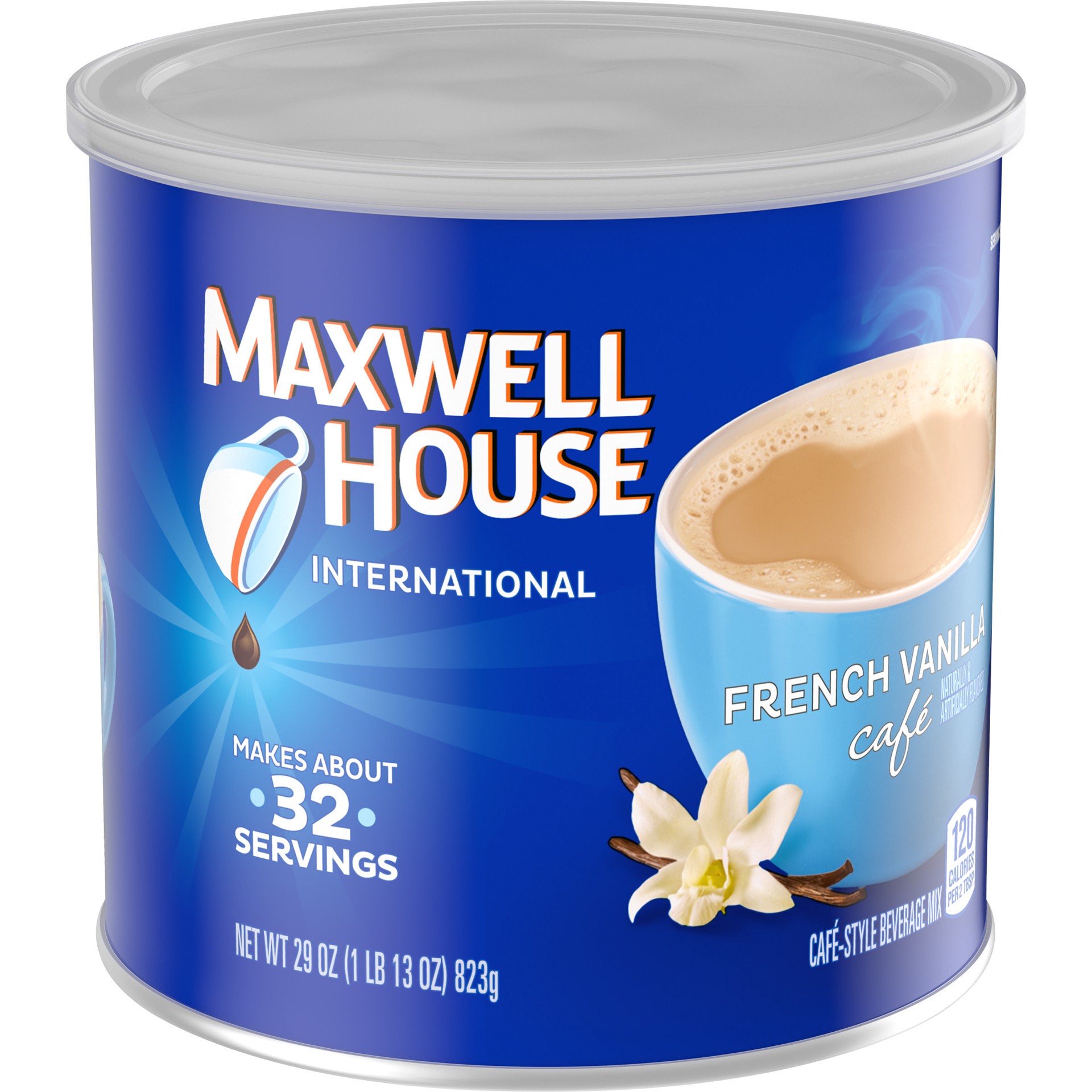 slide 10 of 10, Maxwell House International French Vanilla Cafe-Style Instant Coffee Beverage Mix, 29 oz Canister, 29 oz