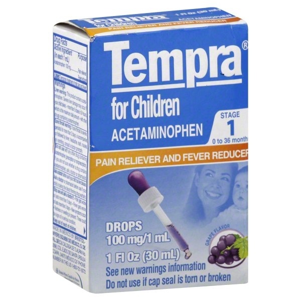 slide 1 of 1, Tempra Acetaminophen Pain Reliever and Fever Reducer for Children 0-36 Months Grape Flavor, 1 oz