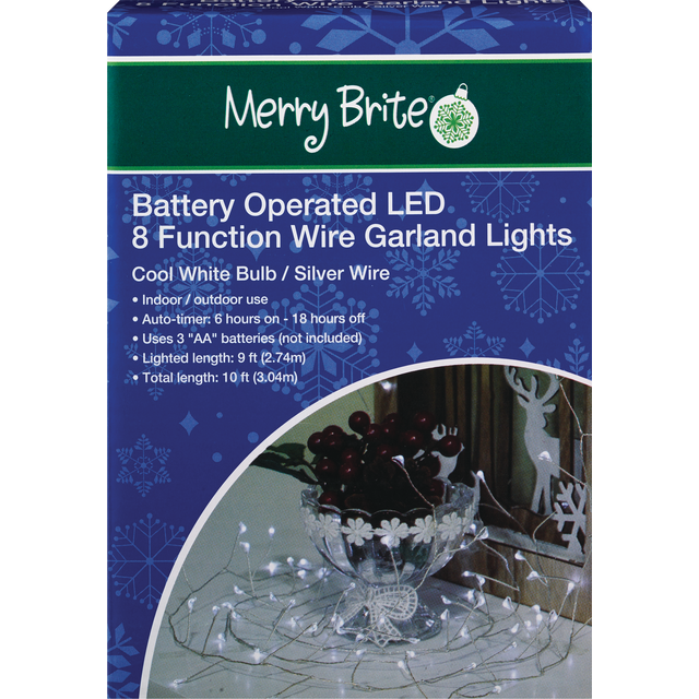 slide 1 of 1, Merry Brite 9' Battery Operated Cool White LED Wire Garland Lights, 1 ct