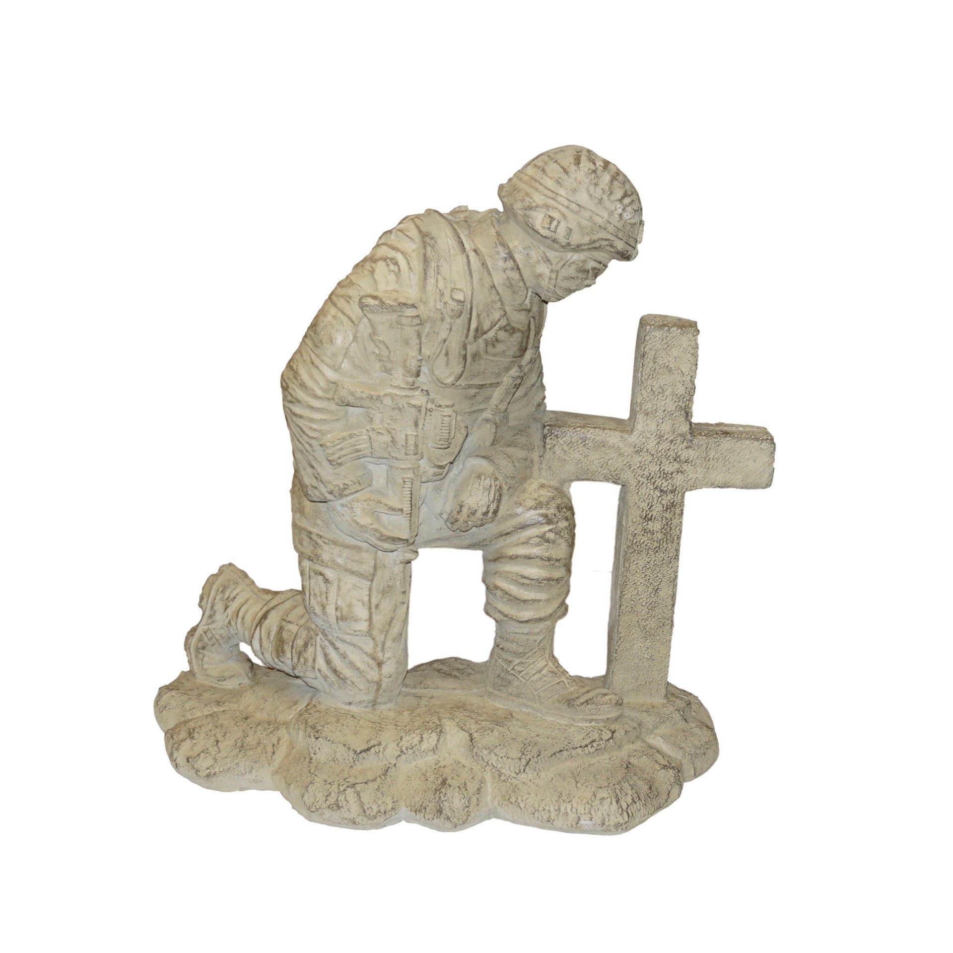 slide 1 of 1, Athens Stonecasting Kneeling Soldier at Cross Concrete Statue, 22 in x 11 in x 20 in