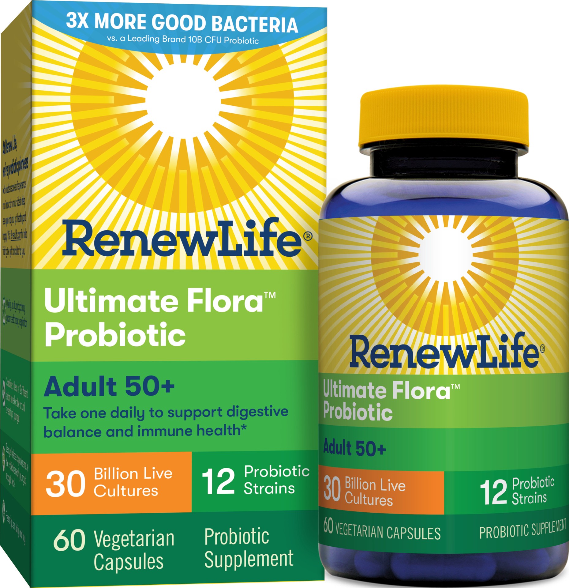 slide 1 of 1, Renew Life Adult Probiotic - Ultimate Flora™ Adult 50+ Probiotic Supplement - Shelf Stable, Gluten, Dairy & Soy Free - 30 Billion CFU - 60 Vegetarian Capsules, 60 ct