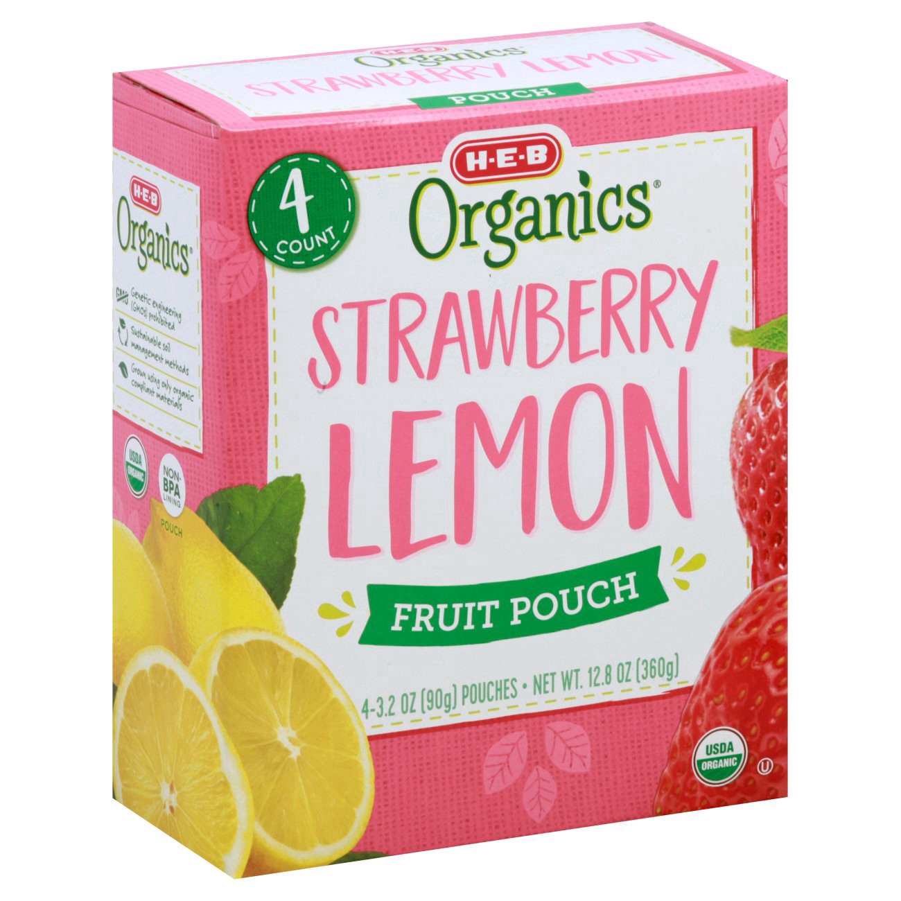 slide 1 of 1, H-E-B Organics Strawberry Lemon Fruit Pouches, 4 ct