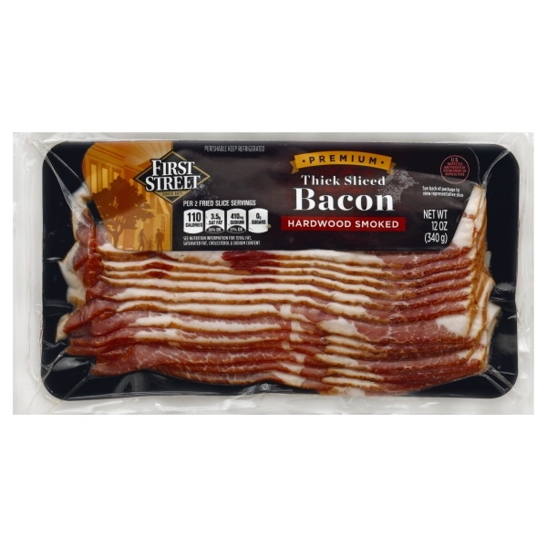 slide 1 of 1, First Street Thick Sliced Bacon, 12 oz
