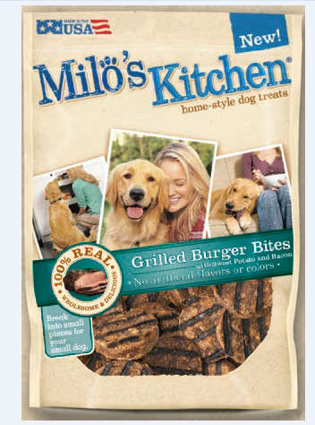 slide 1 of 1, Milo's Kitchen Grilled Burger Bites With Sweet Potato And Bacon Dog Treats, 2.7 oz