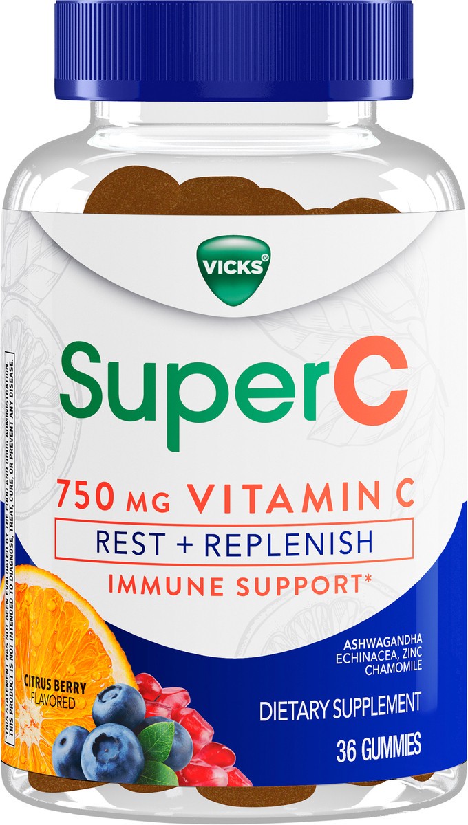 slide 2 of 2, VICKS SuperC Vitamin C Gummies, Rest & Replenish, Immune Support (Vitamin C, Ashwagandha, Echinacea, Chamomile) Citrus Berry Flavored, 36 Gummies, 36 ct