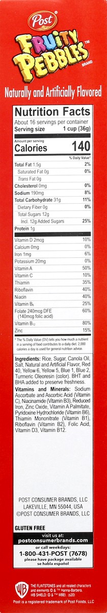 slide 7 of 9, Post Fruity PEBBLES Breakfast Cereal, Gluten Free, 10 Vitamins and Minerals, Breakfast Snacks, Sweetened Rice Cereal, 20.5 Oz, 20.5 oz