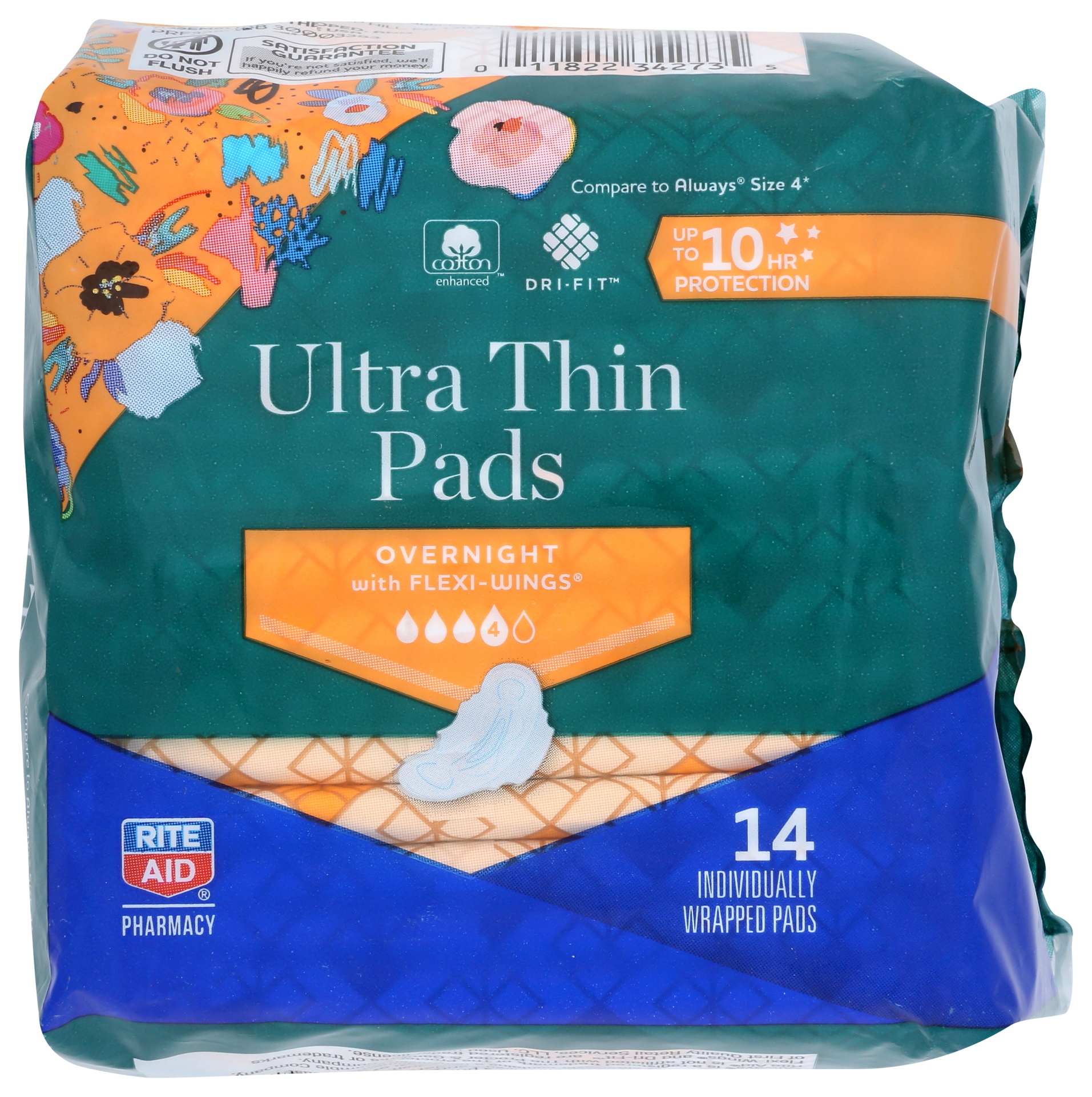 slide 1 of 1, Rite Aid Ultra Thin Pads, Overnight, Flexi-Wings, 14 ct