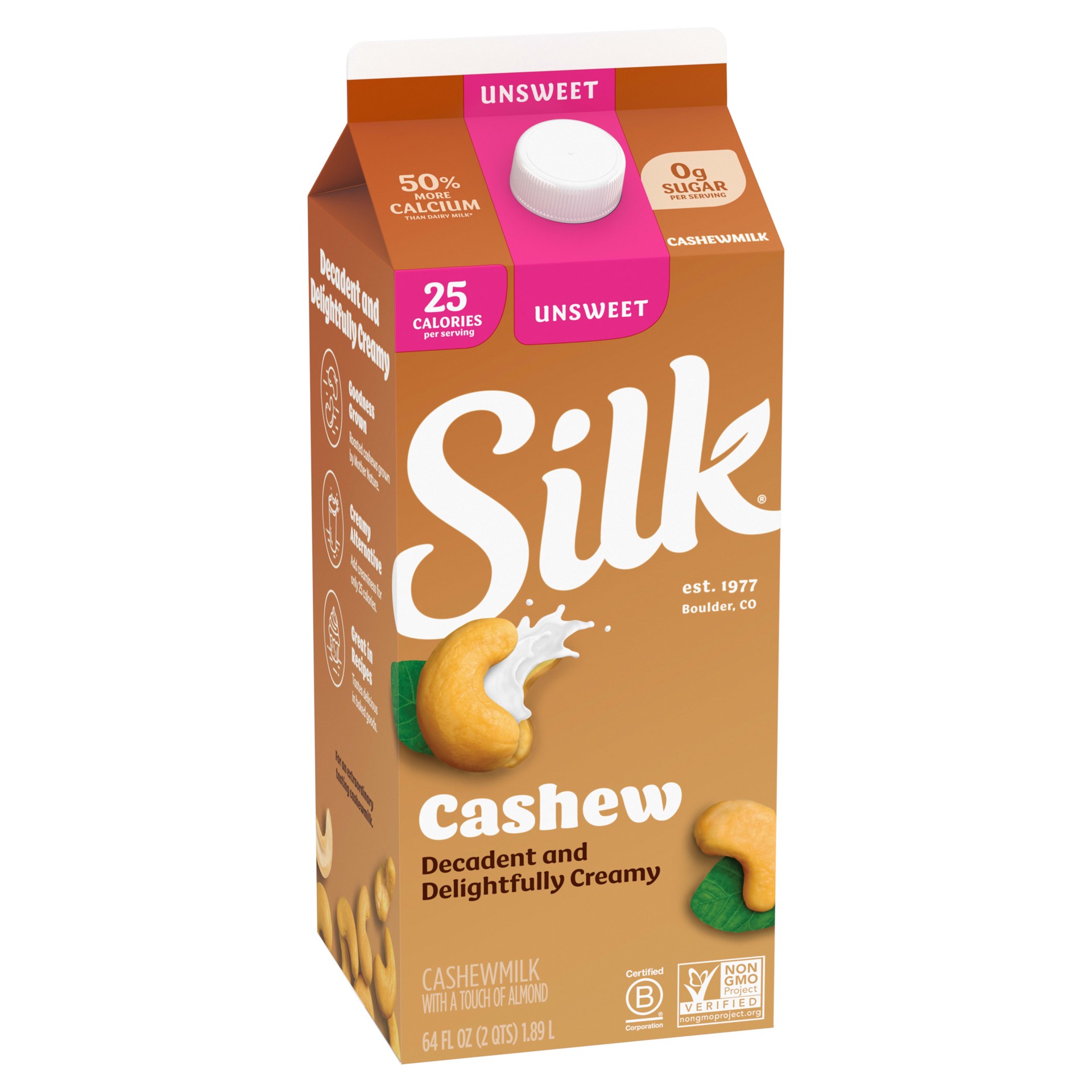 slide 5 of 5, Silk Cashew Milk, Unsweet, Dairy Free, Gluten Free, Decadent and Delightfully Creamy Vegan Milk with 0g Sugar and 50% More Calcium than Dairy Milk, 64 FL OZ Half Gallon, 1/2 gal