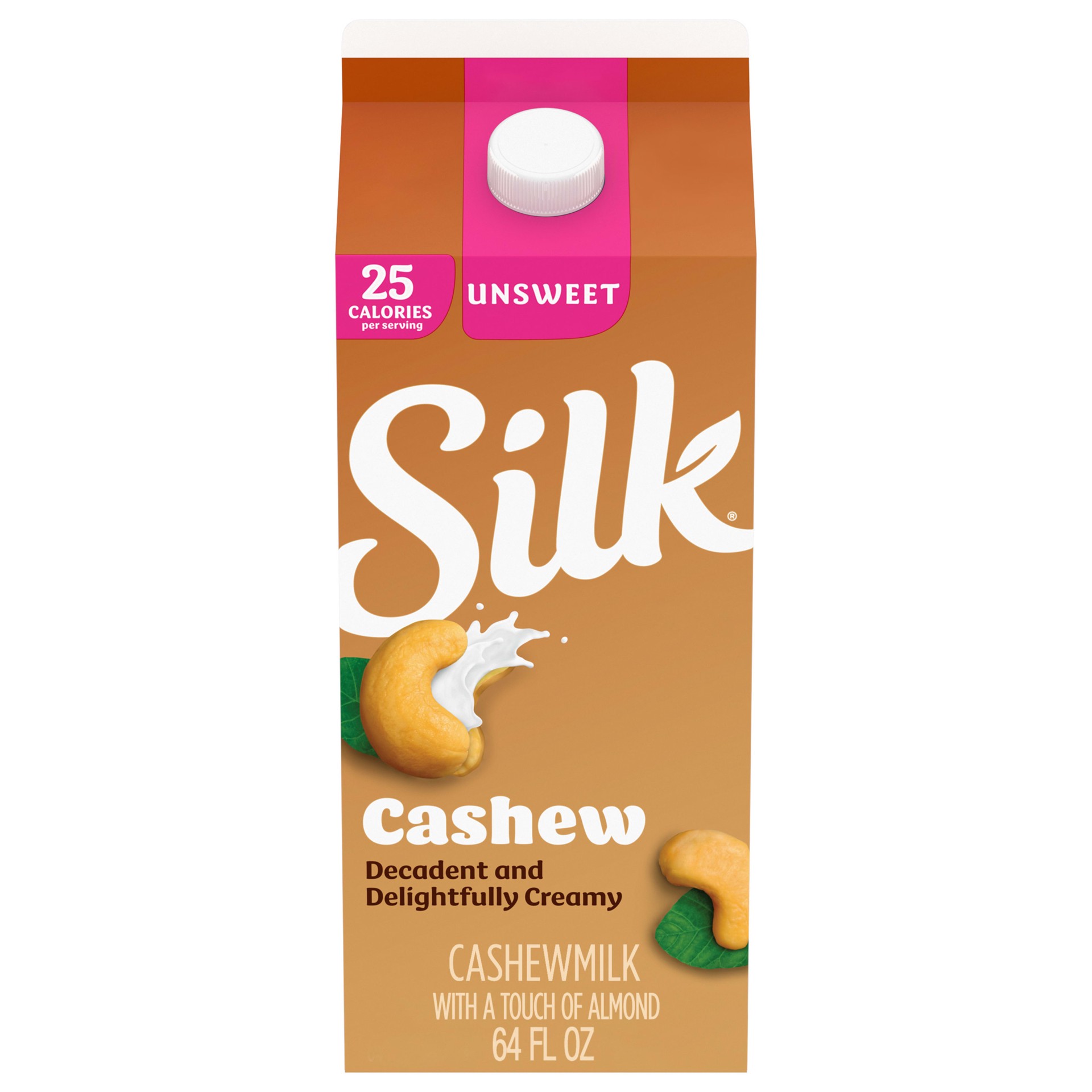 slide 1 of 5, Silk Cashew Milk, Unsweet, Dairy Free, Gluten Free, Decadent and Delightfully Creamy Vegan Milk with 0g Sugar and 50% More Calcium than Dairy Milk, 64 FL OZ Half Gallon, 1/2 gal