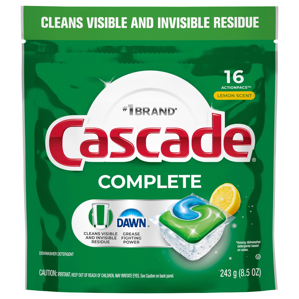 slide 1 of 8, Cascade Complete Dishwasher Pods, Dishwasher Detergent, Dishwasher Soap, Dishwasher Tab Tablets, Dish Detergent, Lemon, ActionPacs, 18 Count, 18 ct