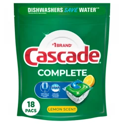 Cascade Complete Dishwasher Pods, Dishwasher Detergent, Dishwasher Soap, Dishwasher Tab Tablets, Dish Detergent, Lemon, ActionPacs, 18 Count