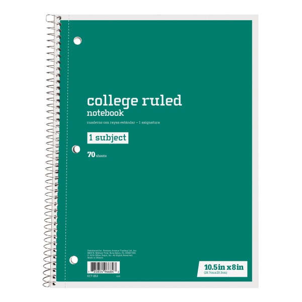 slide 1 of 1, Just Basics Spiral Notebook, 7-1/2'' X 10-1/2'', College Ruled, 140 Pages (70 Sheets), Green, 70 ct