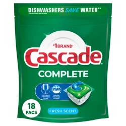 Cascade Complete Dishwasher Pods, Dishwasher Detergent, Dishwasher Soap, Dishwasher Tab Tablets, Dish Detergent, Fresh, ActionPacs, 18 Count