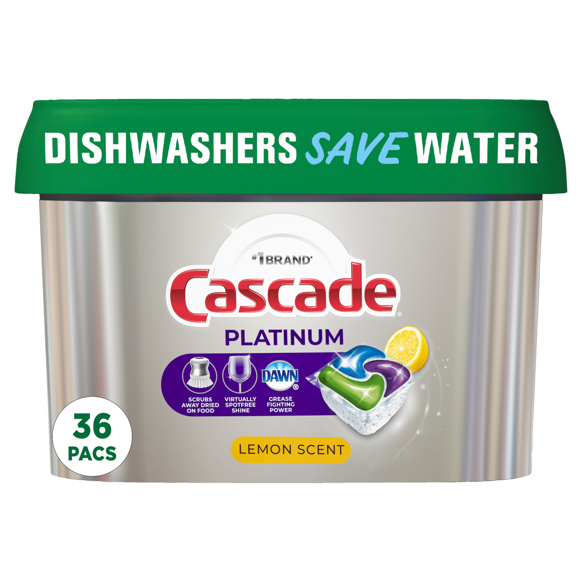 slide 1 of 1, Cascade Platinum Dishwasher Pods, Dishwasher Detergent, Dishwasher Soap, Dishwasher Tab Tablets, Dish Detergent, Lemon, ActionPacs, 36 Count, 36 ct