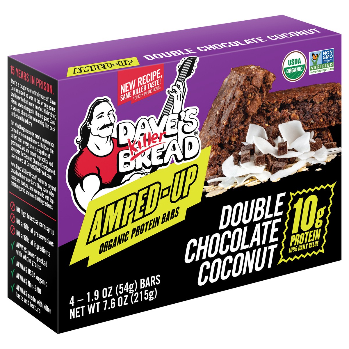 slide 10 of 10, Dave's Killer Bread Amped-Up Double Chocolate Coconut Organic Protein Bars, 4 Count, 4 ct