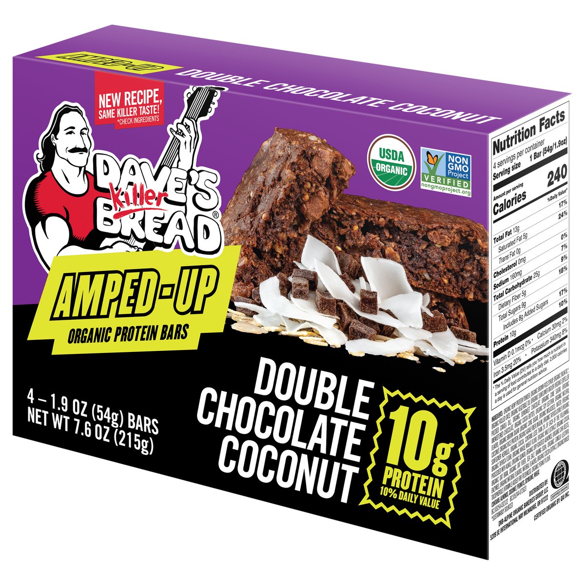 slide 2 of 10, Dave's Killer Bread Amped-Up Double Chocolate Coconut Organic Protein Bars, 4 Count, 4 ct