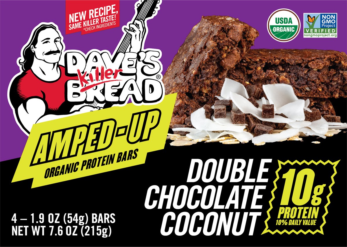 slide 5 of 10, Dave's Killer Bread Amped-Up Double Chocolate Coconut Organic Protein Bars, 4 Count, 4 ct