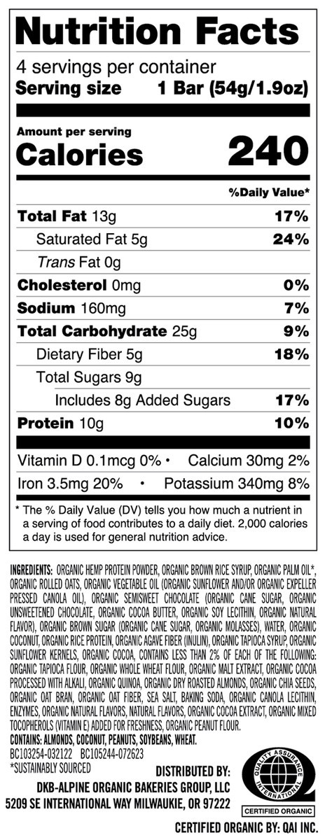 slide 8 of 10, Dave's Killer Bread Amped-Up Double Chocolate Coconut Organic Protein Bars, 4 Count, 4 ct
