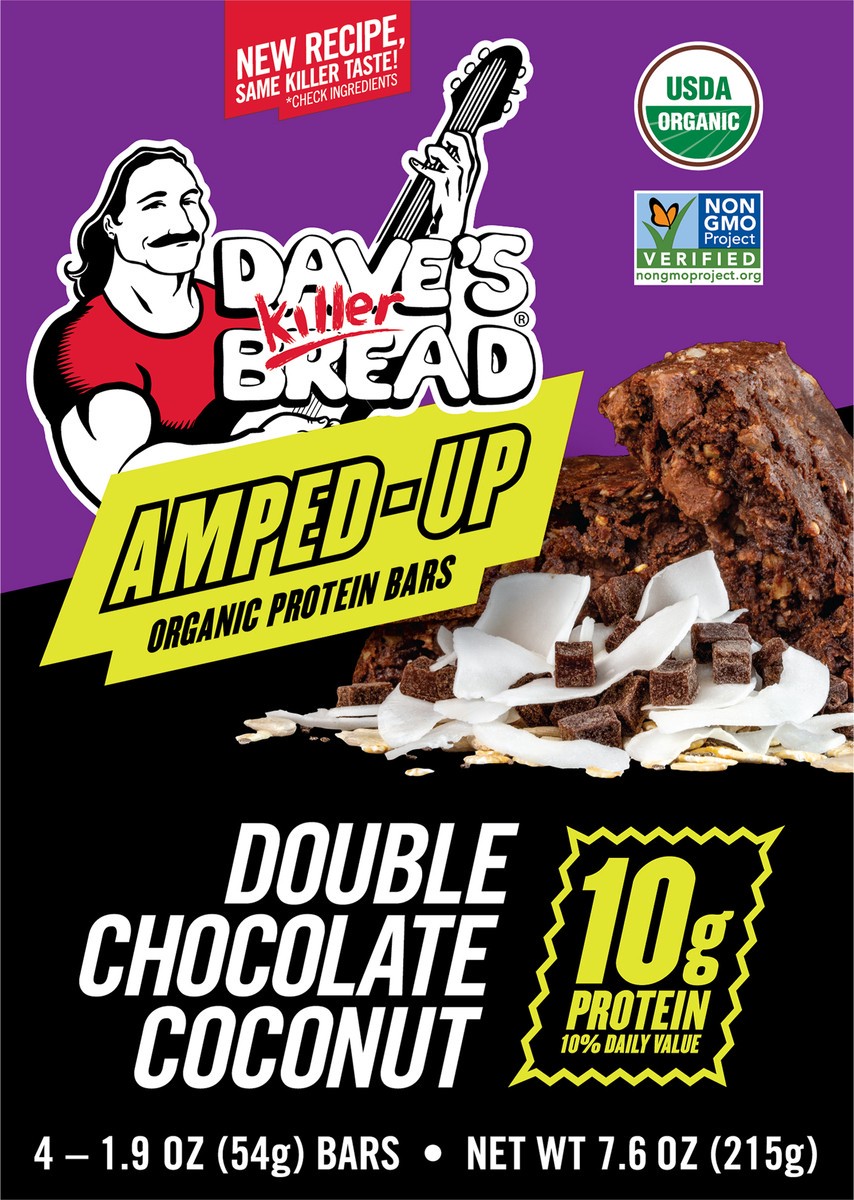 slide 7 of 10, Dave's Killer Bread Amped-Up Double Chocolate Coconut Organic Protein Bars, 4 Count, 4 ct