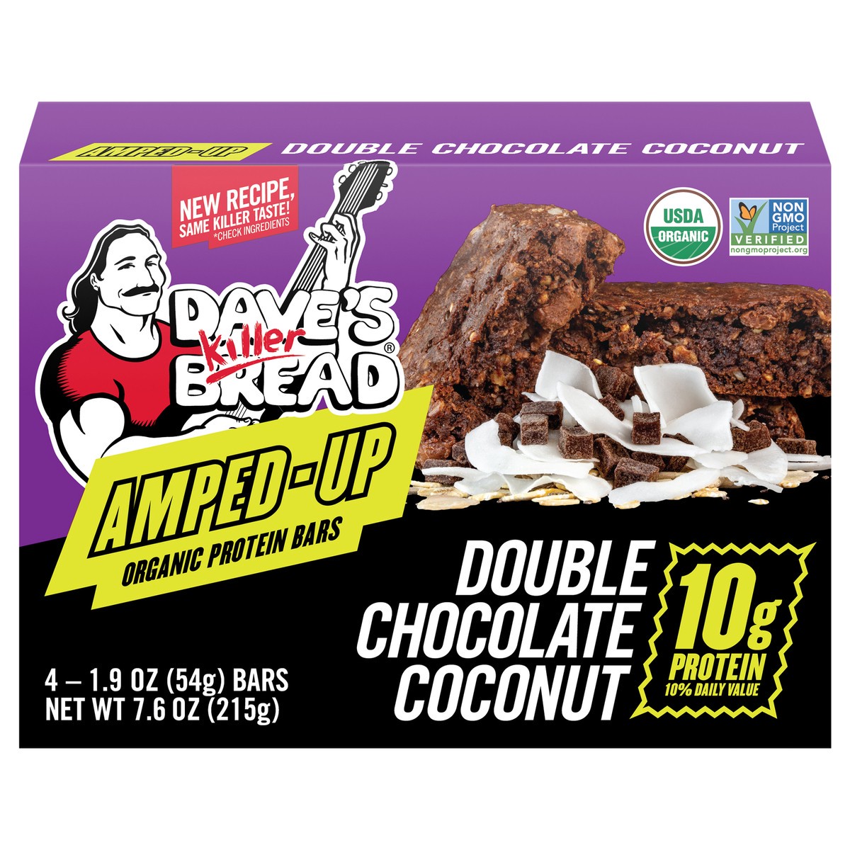 slide 1 of 10, Dave's Killer Bread Amped-Up Double Chocolate Coconut Organic Protein Bars, 4 Count, 4 ct