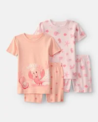 Carter's Baby Girl Seashells 100% Cotton Short-Sleeve Snug Fit 4-Piece Pajama Set - Pink/Orange, 24M