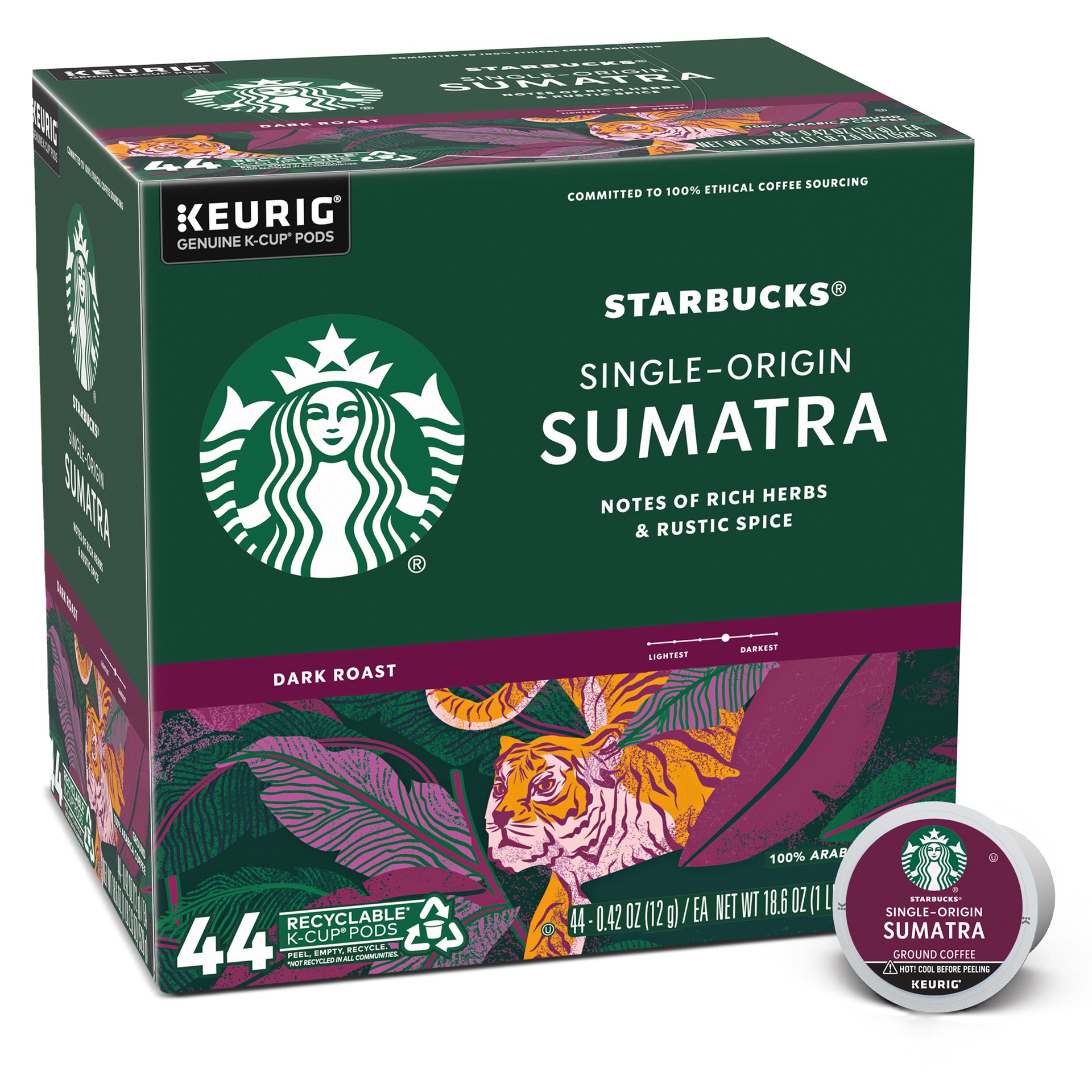 slide 1 of 9, Starbucks K-Cup Coffee Pods—Dark Roast Coffee—Sumatra—100% Arabica—1 box - 44 pk, 44 pk