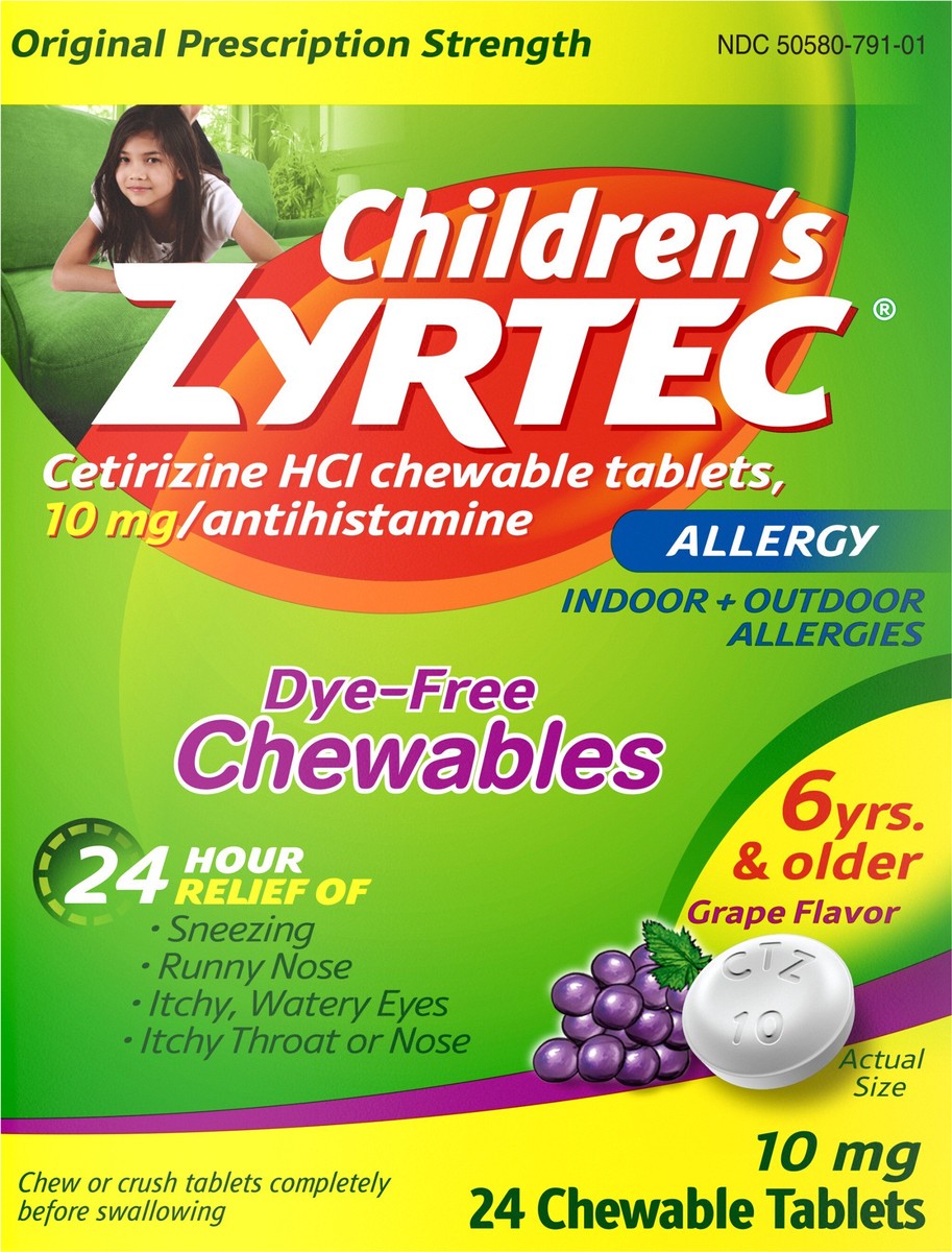 slide 6 of 7, Zyrtec Children's Zyrtec Allergy Dye-Free Chewables 6 Years & Older Grape Flavor 24 Count, 24 ct