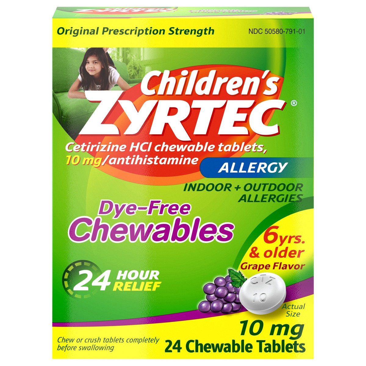 slide 1 of 7, Zyrtec Children's Zyrtec Allergy Dye-Free Chewables 6 Years & Older Grape Flavor 24 Count, 24 ct
