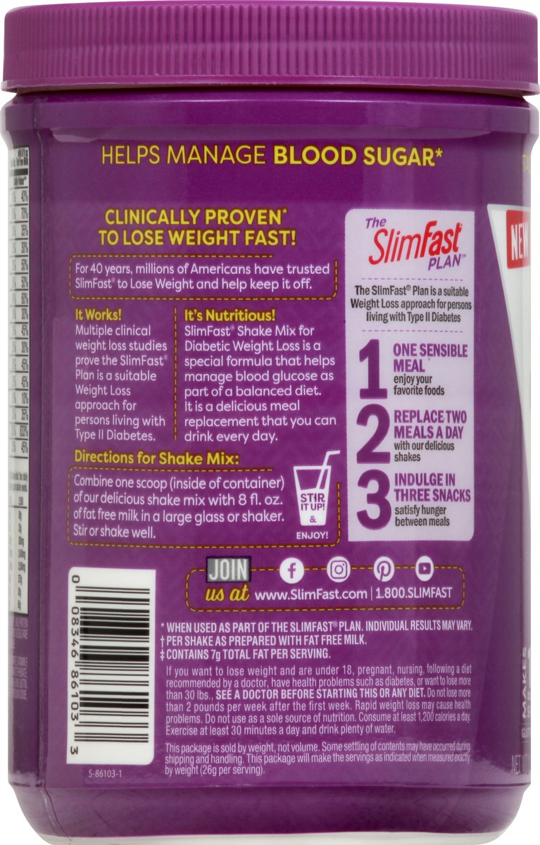 slide 8 of 8, SlimFast Vanilla Milkshake Diabetic Weight Loss Powder, 12.8 oz