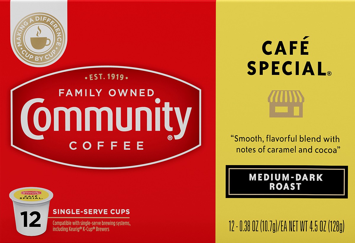 slide 2 of 13, Community Coffee Coffee Cafe Special Medium-Dark Roast Coffee Single-Serve Cups - 4.5 oz, 12 ct
