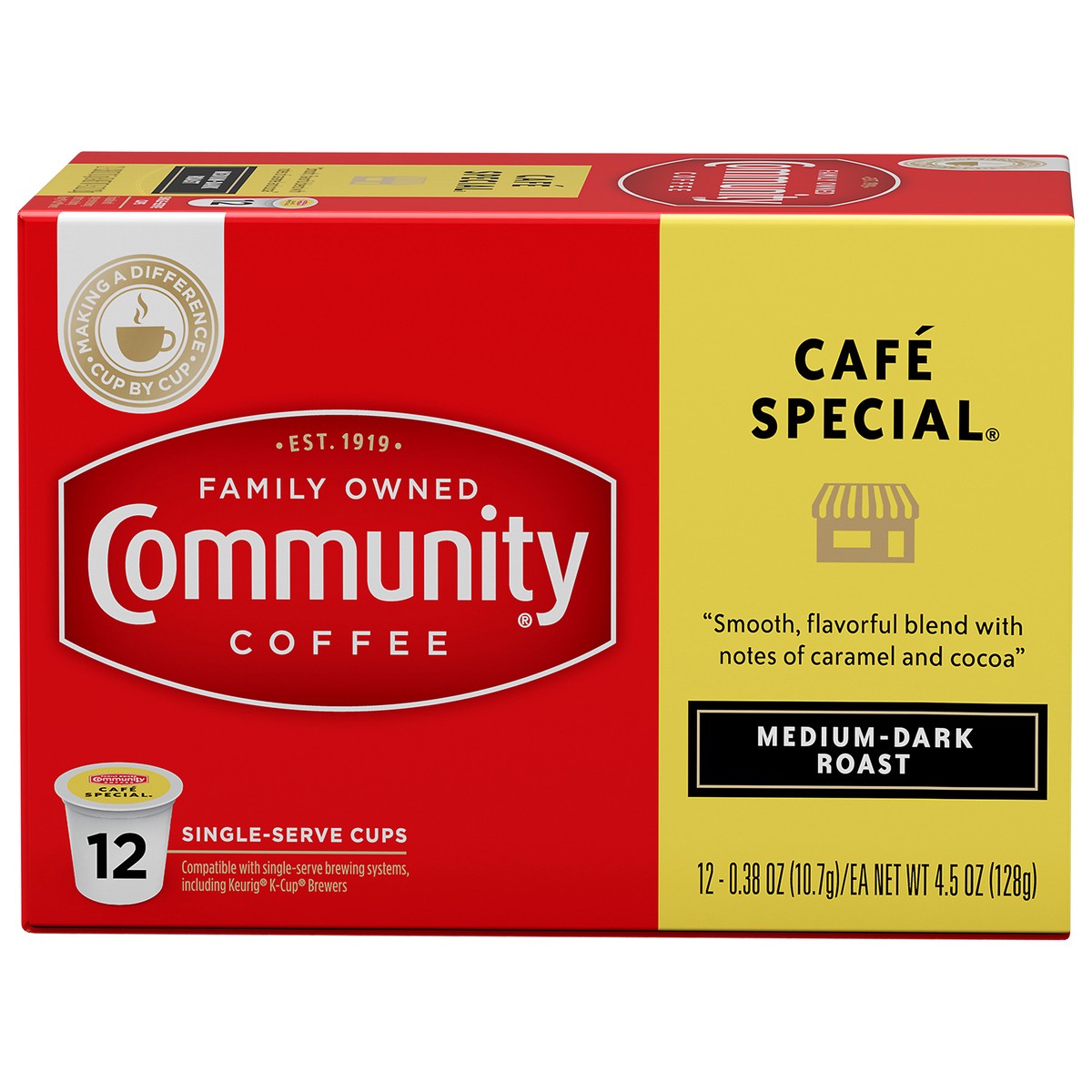 slide 13 of 13, Community Coffee Coffee Cafe Special Medium-Dark Roast Coffee Single-Serve Cups - 4.5 oz, 12 ct