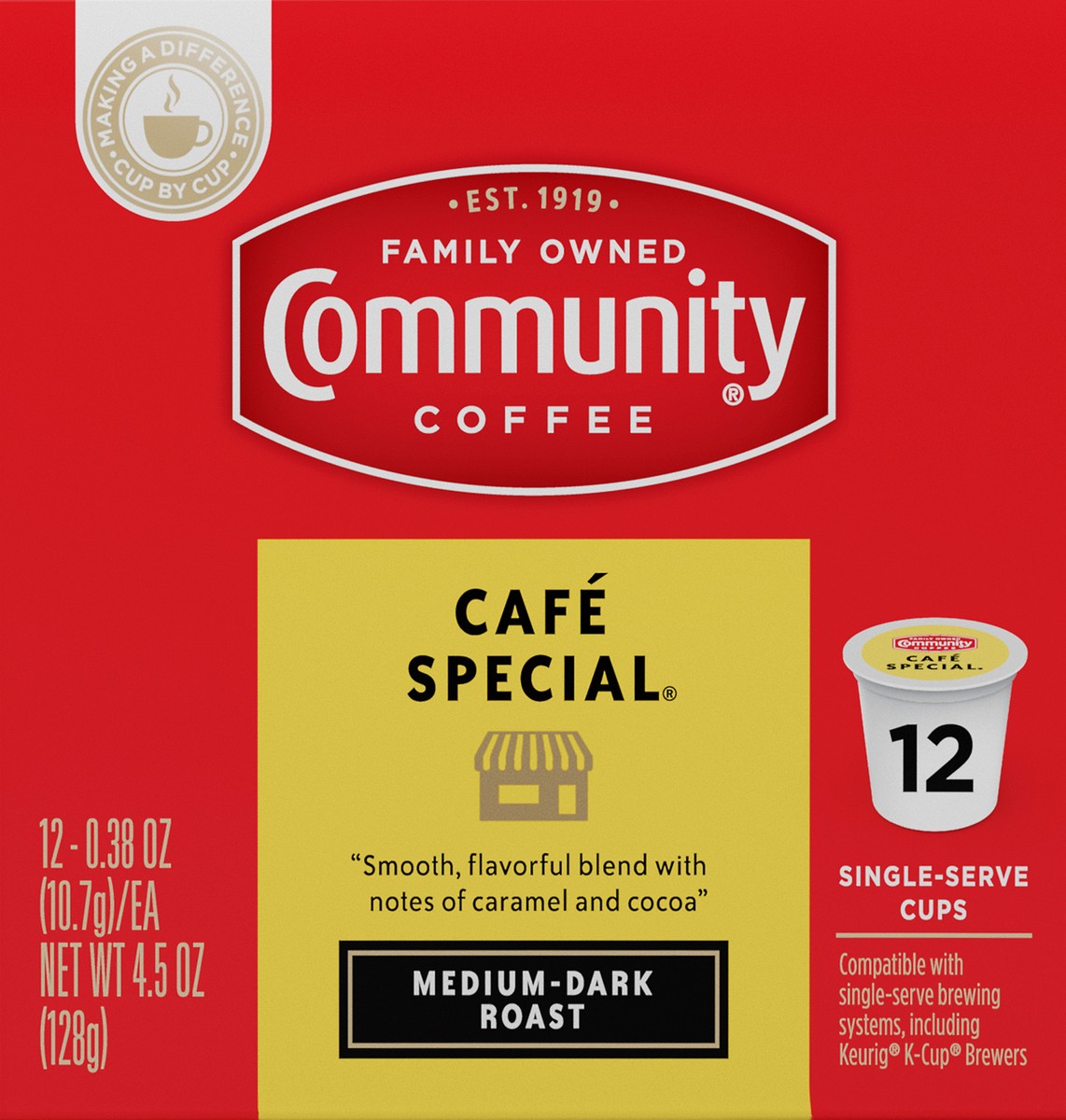 slide 4 of 13, Community Coffee Coffee Cafe Special Medium-Dark Roast Coffee Single-Serve Cups - 4.5 oz, 12 ct