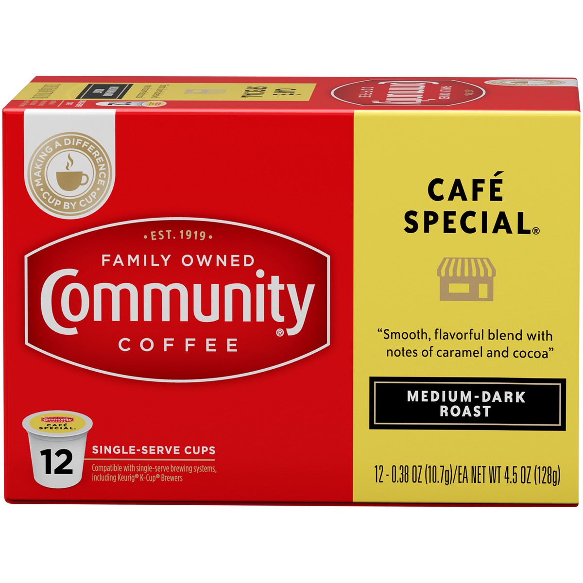 slide 1 of 13, Community Coffee Coffee Cafe Special Medium-Dark Roast Coffee Single-Serve Cups - 4.5 oz, 12 ct