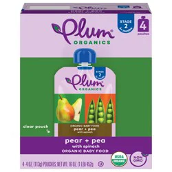Plum Organics Stage 2 Organic Baby Food Pear + Pea with Spinach 4oz Pouch-4-Pack