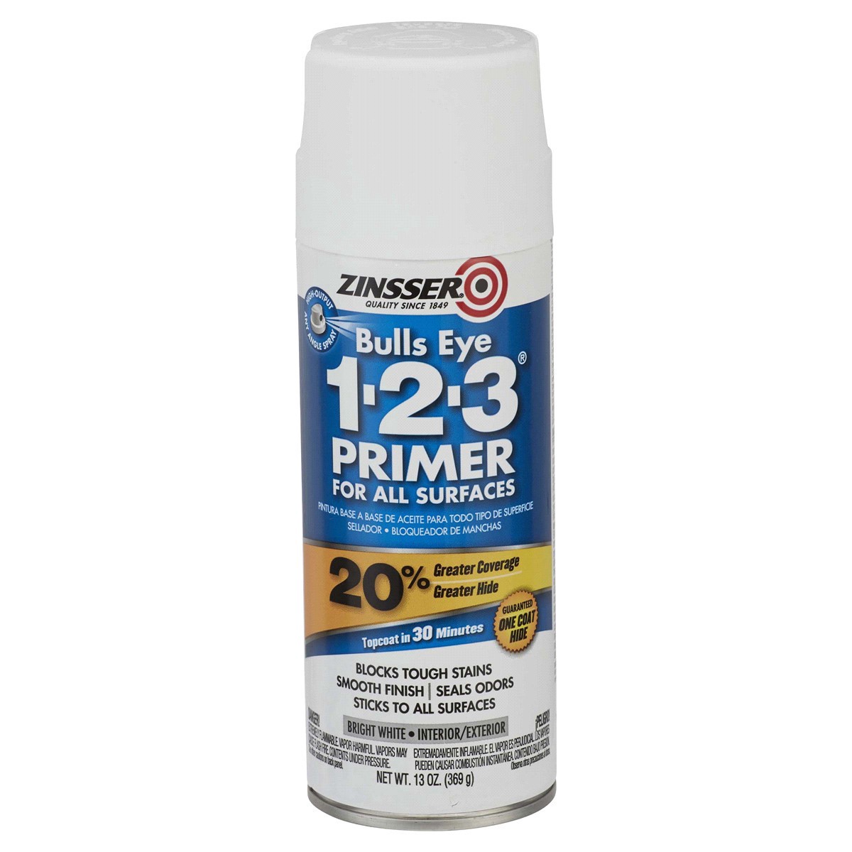 slide 1 of 9, Zinsser Bulls Eye 1-2-3 Primer Spray, Bright White, 13 oz