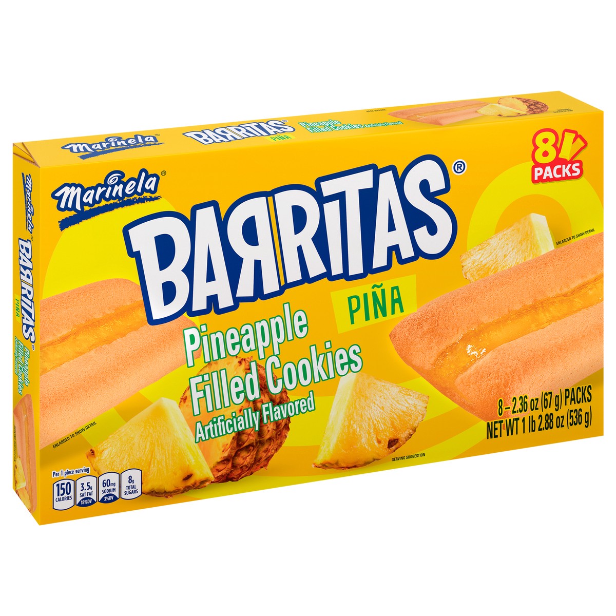 slide 2 of 9, Marinela Barritas Piña Filled Cookies, 8 packs, Pineapple Cookie Bars, 18.88 oz Multipack, 8 ct