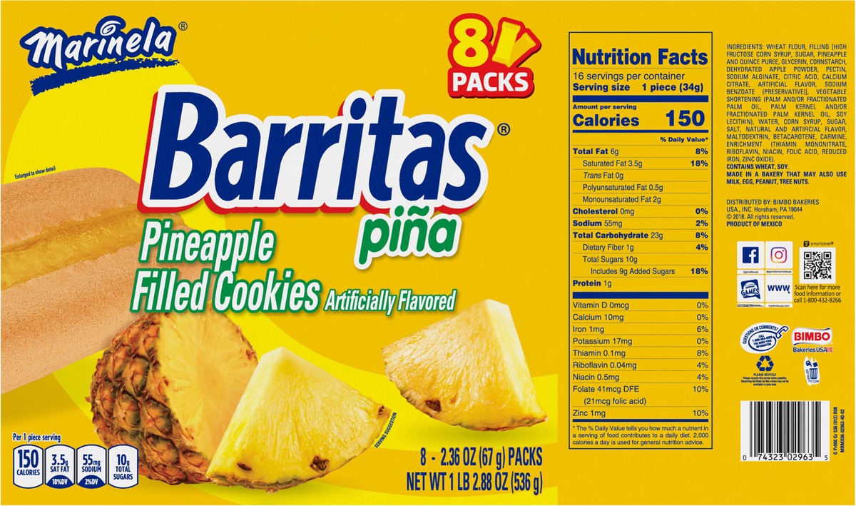 slide 9 of 9, Marinela Barritas Piña Filled Cookies, 8 packs, Pineapple Cookie Bars, 18.88 oz Multipack, 8 ct